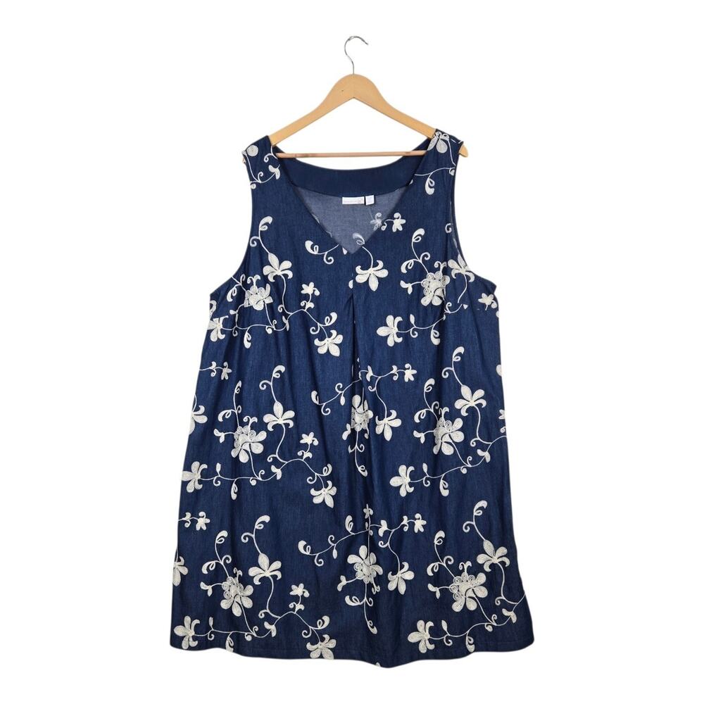 Westport 1962 Dress 22W Blue Embroidered Chambray Floral Boho Cottagecore
